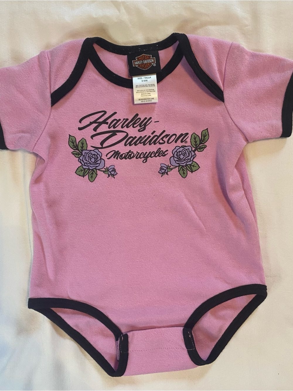 Harley-Davidson Pink Baby One-Piece with Black Trim & Floral Logo